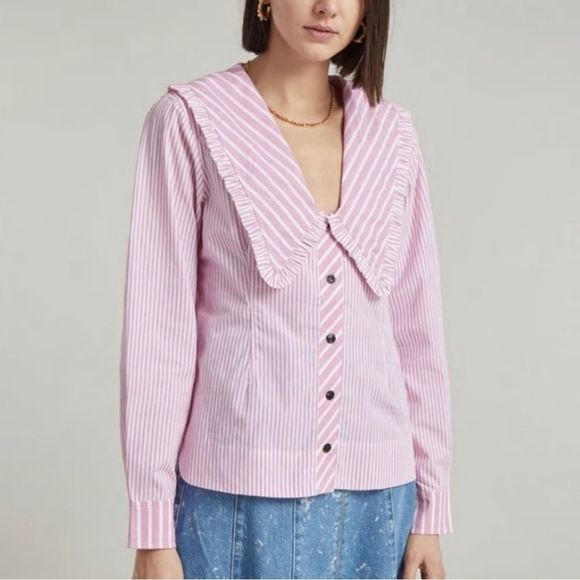 GANNI Ruffled striped cotton-poplin blouse - Picture 4 of 16